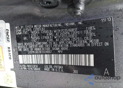 2014 Toyota Sienna Xle/Limited z USA, uszkodzony, nr VIN 5TDYK3DC9ES438667